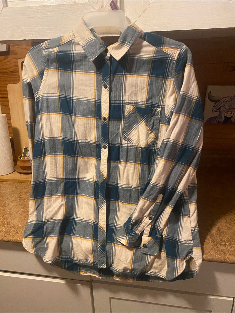 Women's Blue and Cream Plaid Button-Down Shirt